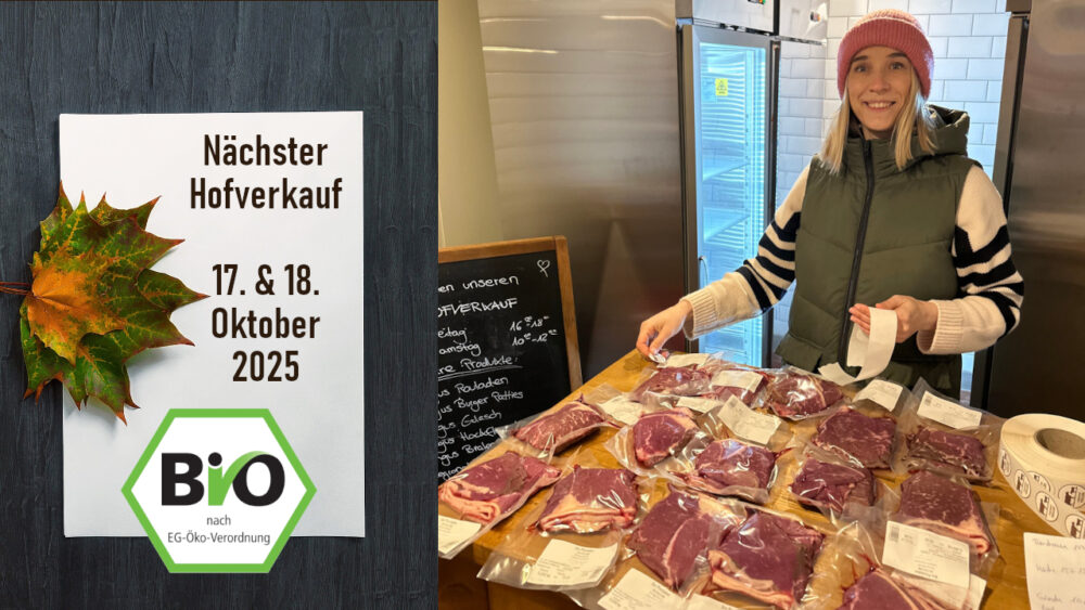 Male Müller mit vakuumiertem Fleisch vor sich auf dem Tresen. Des Weiteren wird der Termin angezeigt.