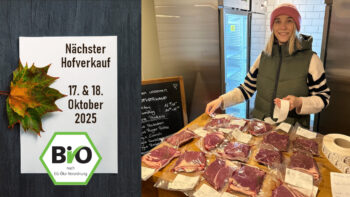 Male Müller mit vakuumiertem Fleisch vor sich auf dem Tresen. Des Weiteren wird der Termin angezeigt.